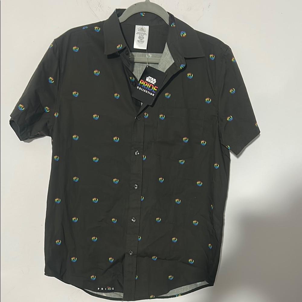 NWT Disney Star Wars pride woven camp button down shirt rainbow Black Shirt